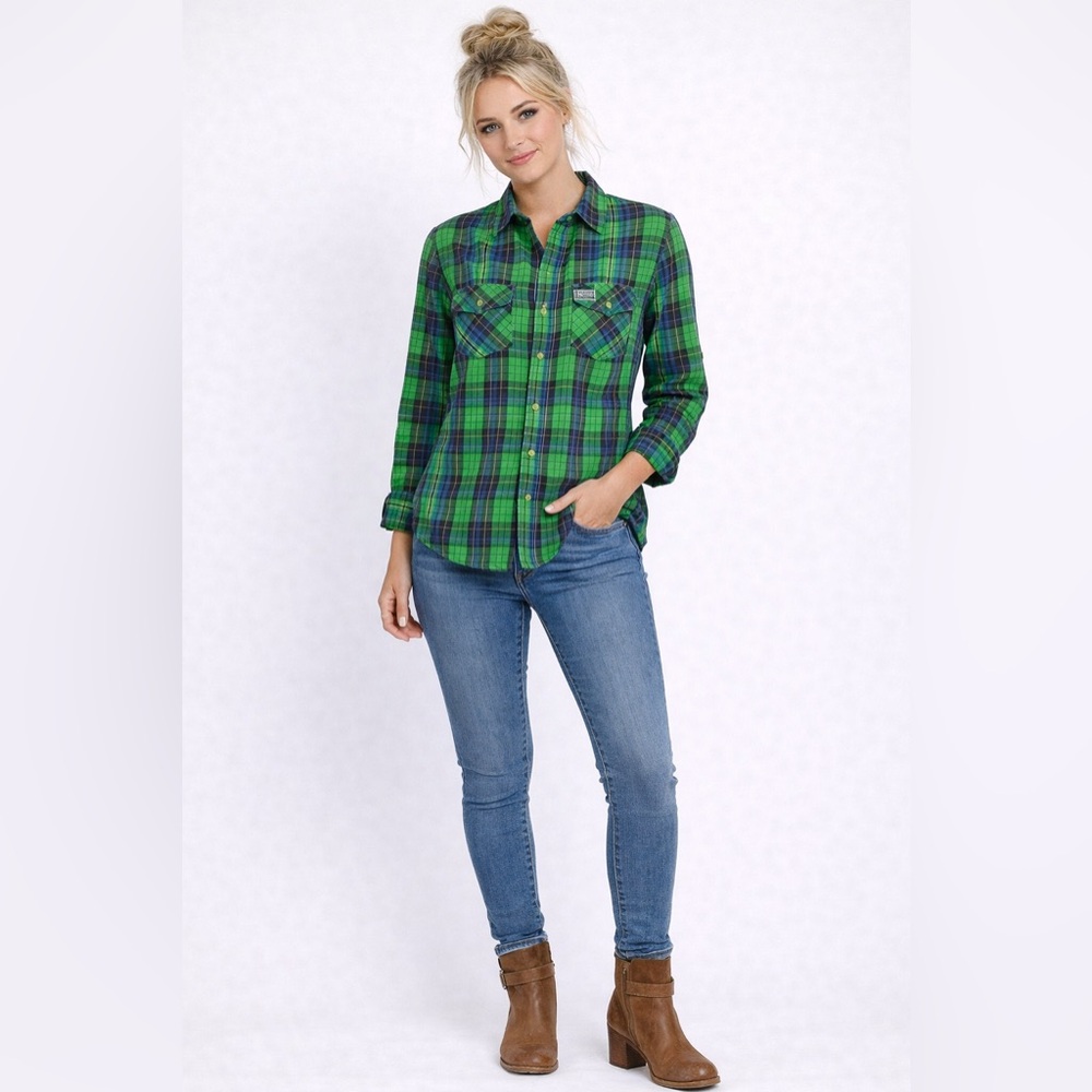 Superdry Green and Blue Plaid Button Down Shirt - 3/4 Sleeve